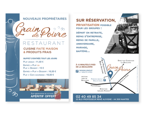Refonte identité visuelle - Flyer format A5 pour promouvoir le restaurant Le Grain de Poivre à Nantes